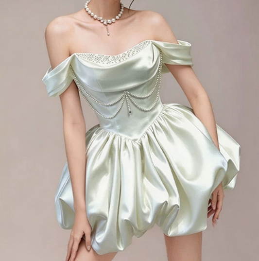Charming Homecoming Dress Off the Shoulder Rinestone Pearl Pleated Back to School Outfits Party Dress D7345