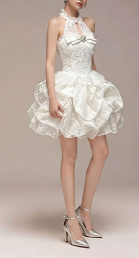 Charming Homecoming Dress Halter Rinestone Lace Cascade Back to School Outfits Party Dress D7346