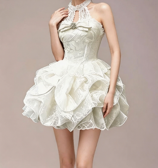 Charming Homecoming Dress Halter Rinestone Lace Cascade Back to School Outfits Party Dress D7346