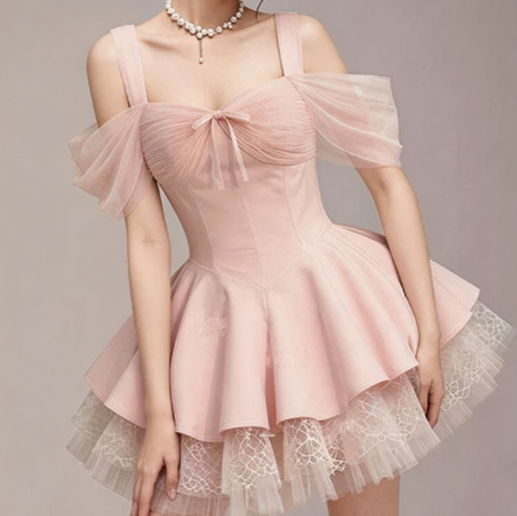 Charming Homecoming Dress Off the Shoulder Bowknot Tulle Pleated Back to School Outfits Party Dress D7347