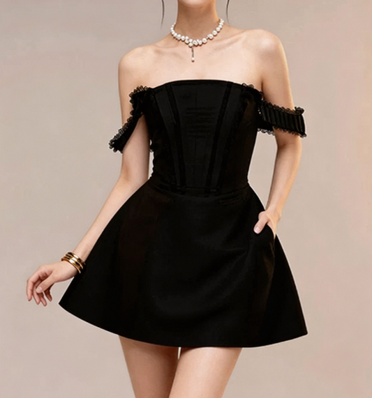 Charming Homecoming Dress Off the Shoulder Black Lace Back to School Outfits Party Dress D7373