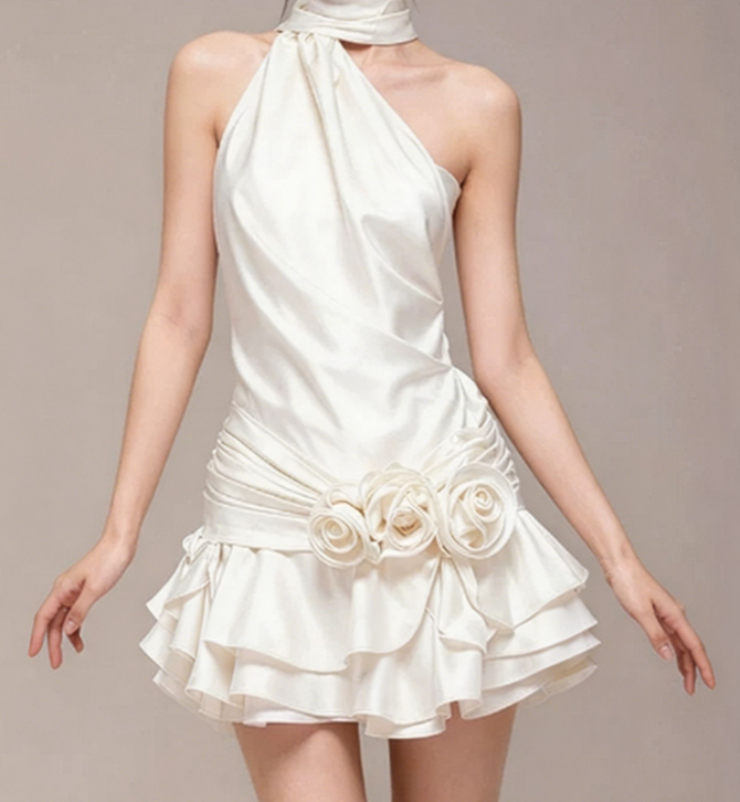 Charming Homecoming Dress Halter Pleated Flower Cascade Back to School Outfits Party Dress D7385