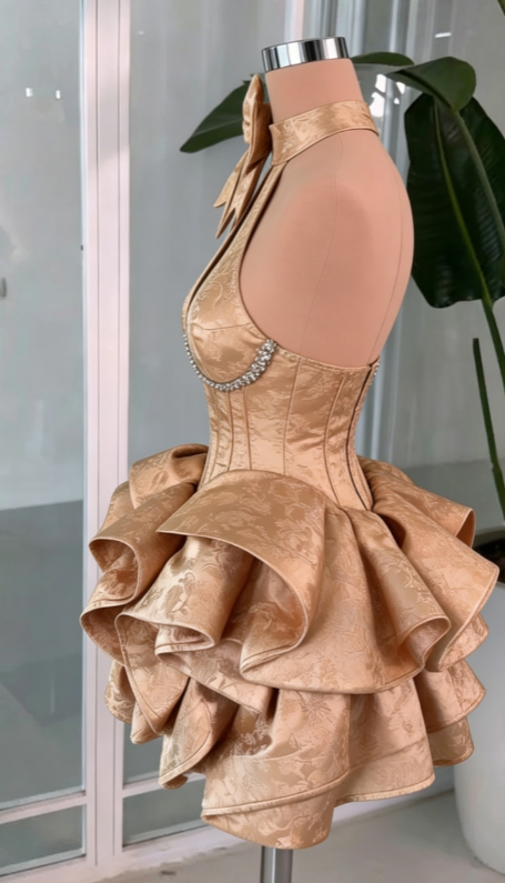 Chic Homecoming Dress Halter Pleated Cascade Bowknot Back to School Outfits Party Dress D7399