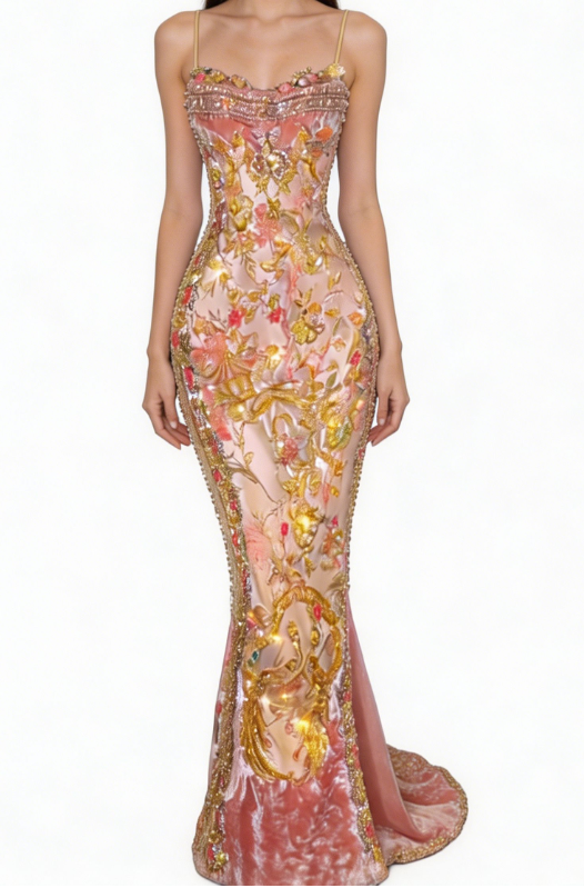 Chic Spaghetti Strap Embroidery Tulle Sequins Hugging Long Party Dress Prom Gown Evening Dress D7406