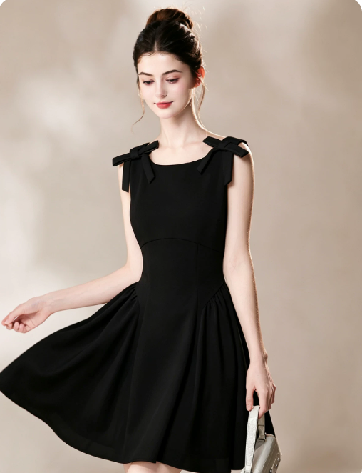 Nice Homecoming Dress Jewel Black Bowknot Pleated Back to School Outfits Party Dress D7444