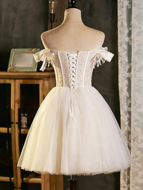Unique Homecoming Dress Off the Shoulder Lace Tulle Bowknot Back to School Outfits Party Dress D7688