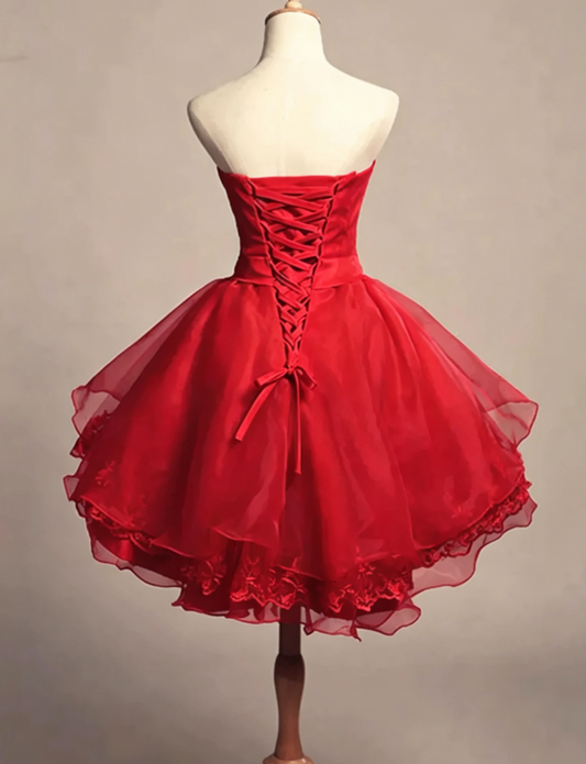 Unique Homecoming Dress Strapless Lace Tulle Cascade Hi-Lo Back to School Outfits Party Dress D7689