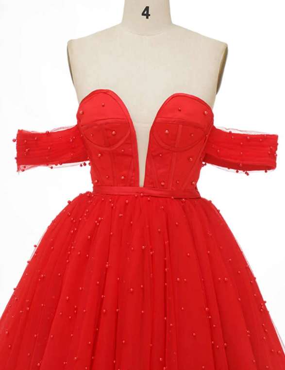 Unique Homecoming Dress Off the Shoulder Deep V Neck Beaded Back to School Outfits Party Dress D7708