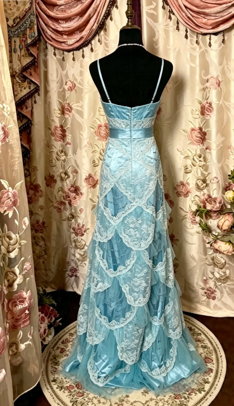 Blaues Spaghettiträger-Spitzen-Satin-Vintage-langes Partykleid-Abendkleid, D405