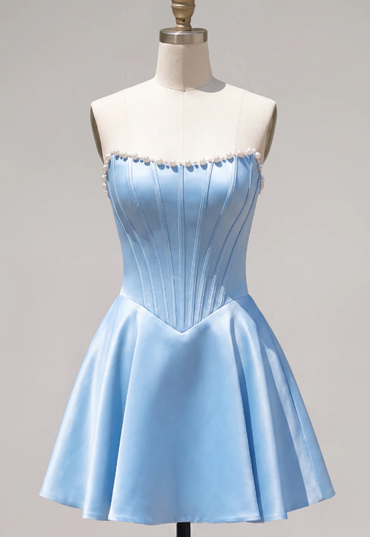 Unique Homecoming Dress Strapless Pearl Back to School Outfits Party Dress D7813
