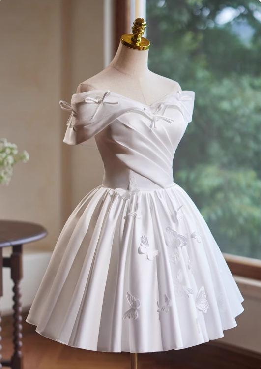 Robe de soirée courte, élégante, blanche, motif papillons 3D, coupe trapèze, épaules dénudées, sans bretelles, D1360