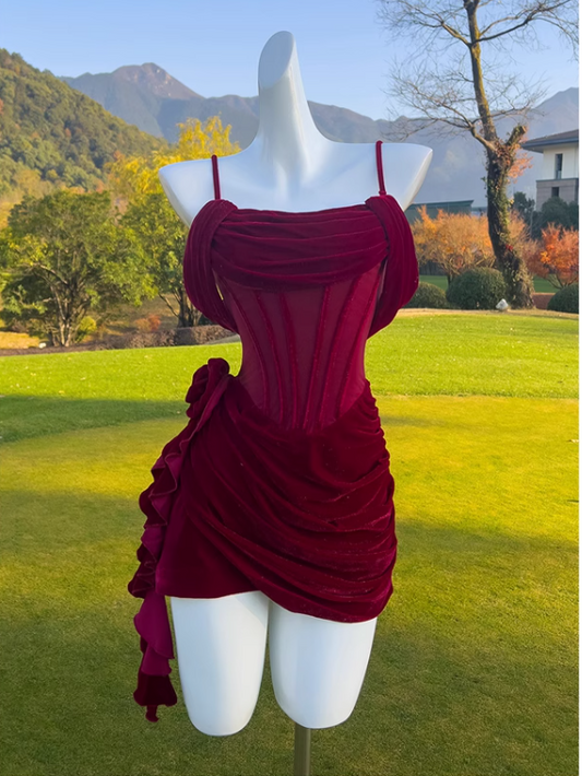 Robe fourreau vintage bordeaux à bretelles spaghetti, robe de soirée, robe de bal, D1337
