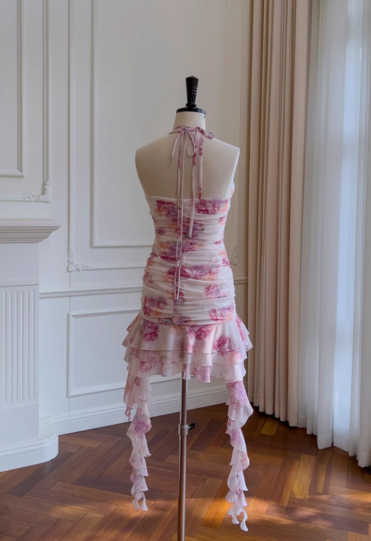 Robe de soirée trapèze à volants et motif floral, robe de soirée, D1344