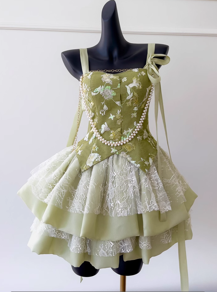 Robe de soirée trapèze verte à volants et appliqués, nouvelle collection tendance, D1353