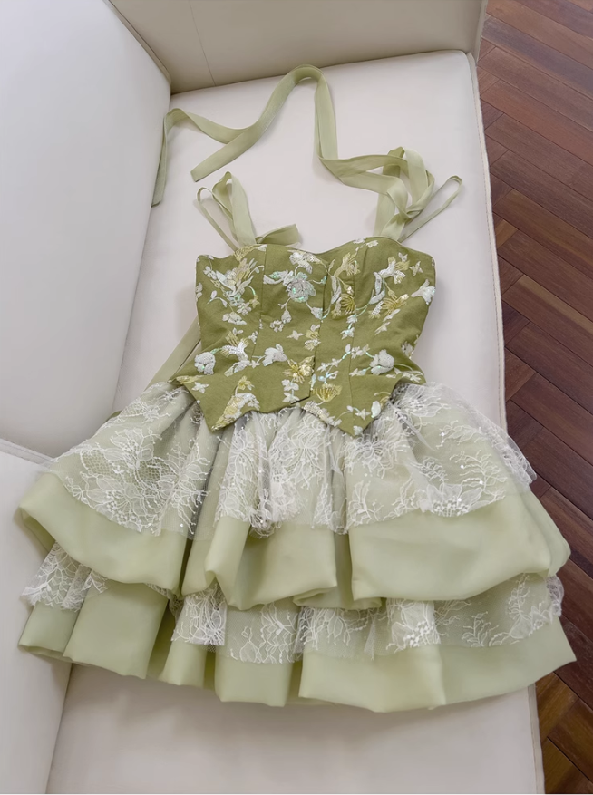 Robe de soirée trapèze verte à volants et appliqués, nouvelle collection tendance, D1353