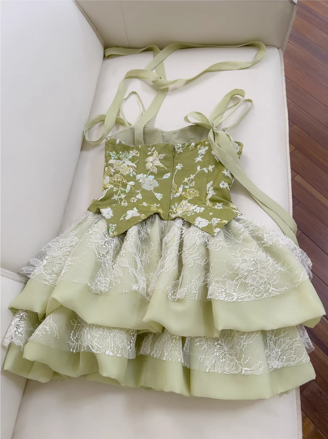 Robe de soirée trapèze verte à volants et appliqués, nouvelle collection tendance, D1353