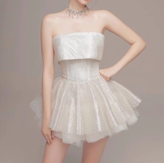 Cute Beige Sequin Ruffled Hem Design A-line Satin Strapless Party Dress Homecoming Dress, D1372