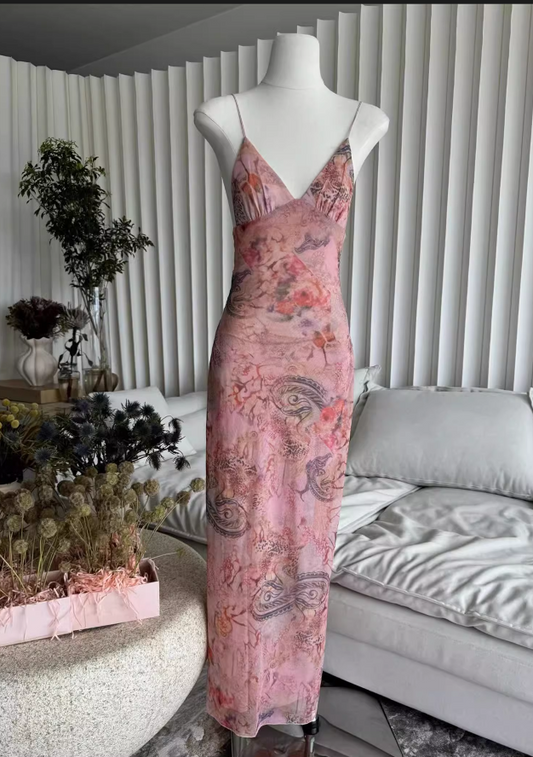 Süßes Spaghettiträger-V-Ausschnitt-Rückenfreies Design Blumendruck A-Linie Damen Partykleid, D1399