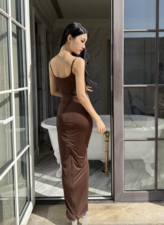 Mode Braun Perlen Spaghetti Strap Design A-linie Meerjungfrau Frauen Party Kleid, D1409