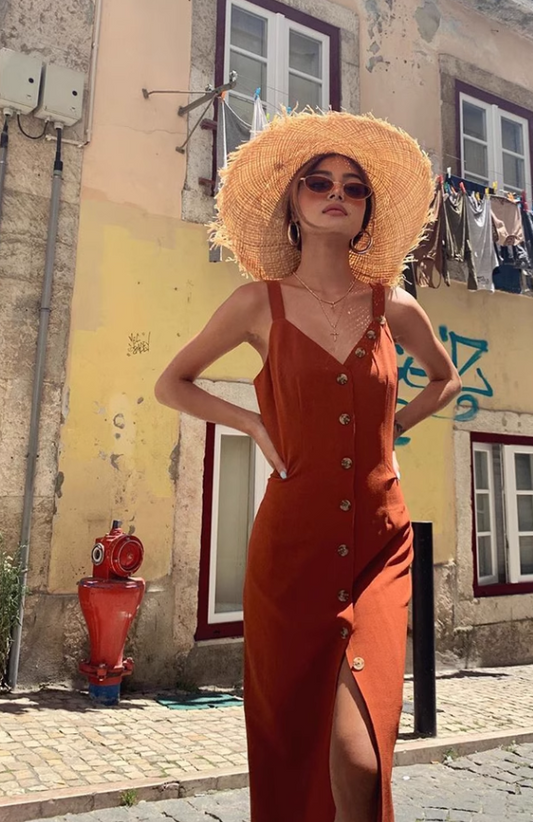 Robe de soirée vintage orange à un bouton, col en V, coupe trapèze, bretelles spaghetti, D1417