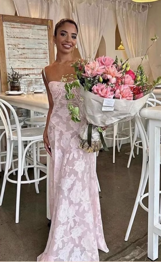 Robe de soirée trapèze rose vintage à bretelles spaghetti et appliques, D1420