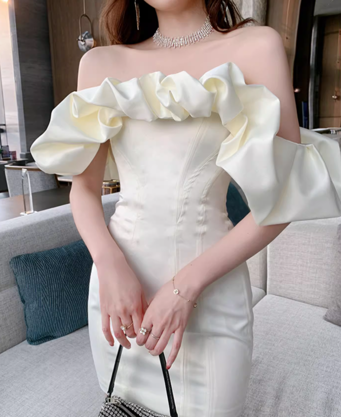 New Fashion White Off-the-shoulder Satin Sheath Short Party Dress Homecoming Dresses D1453