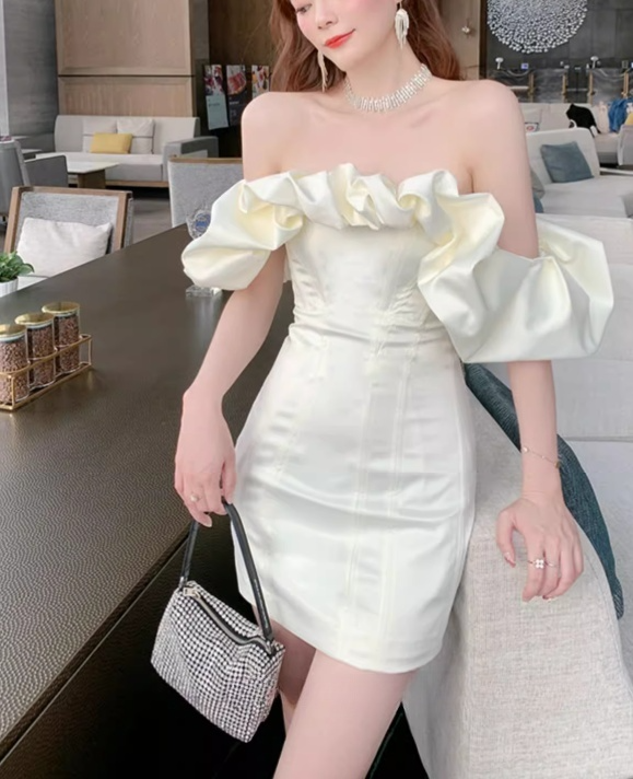 New Fashion White Off-the-shoulder Satin Sheath Short Party Dress Homecoming Dresses D1453