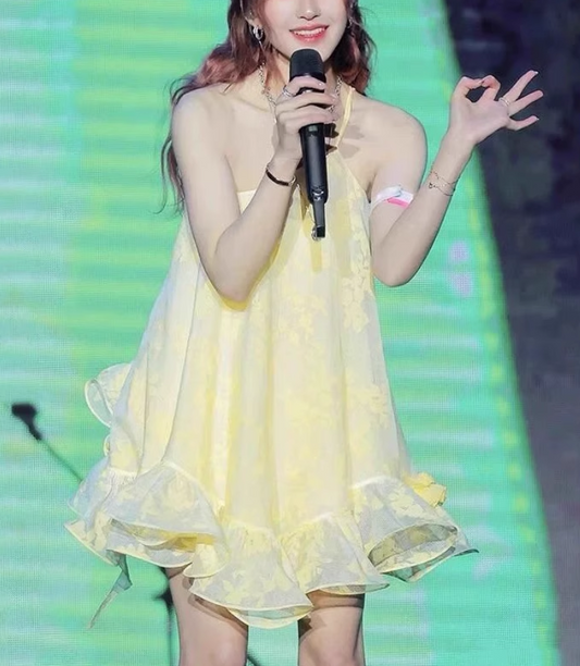 Robe de soirée d'été jaune clair à bretelles simples et ourlet volanté, nouvelle collection tendance, D1441
