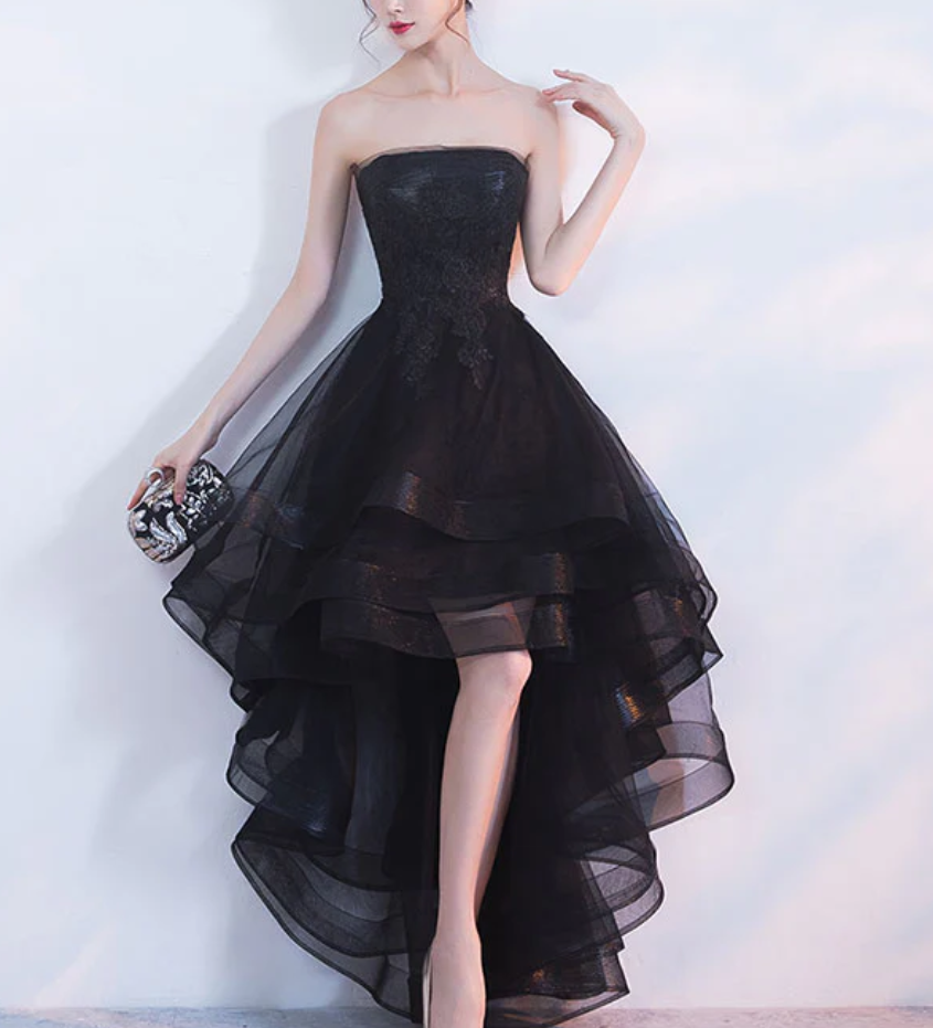 Vintage Black Strapless Ruffled Hem Design A-line Tulle Party Dress Homecoming Dress D1543