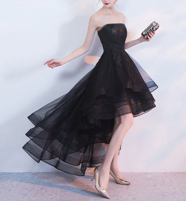 Vintage Black Strapless Ruffled Hem Design A-line Tulle Party Dress Homecoming Dress D1543