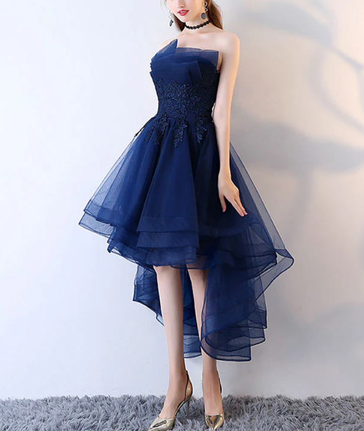 Retro Navy Blue Strapless Ruffled Hem Design A-line Tulle Party Dress Homecoming Dress D1544
