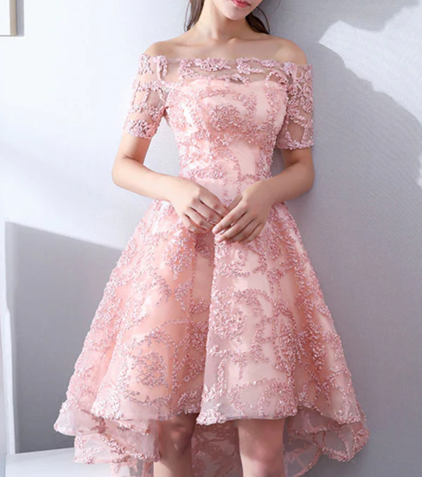 Vintage Pink Applique Off-the-shoulder Design A-line Tulle Party Dress Homecoming Dress D1547