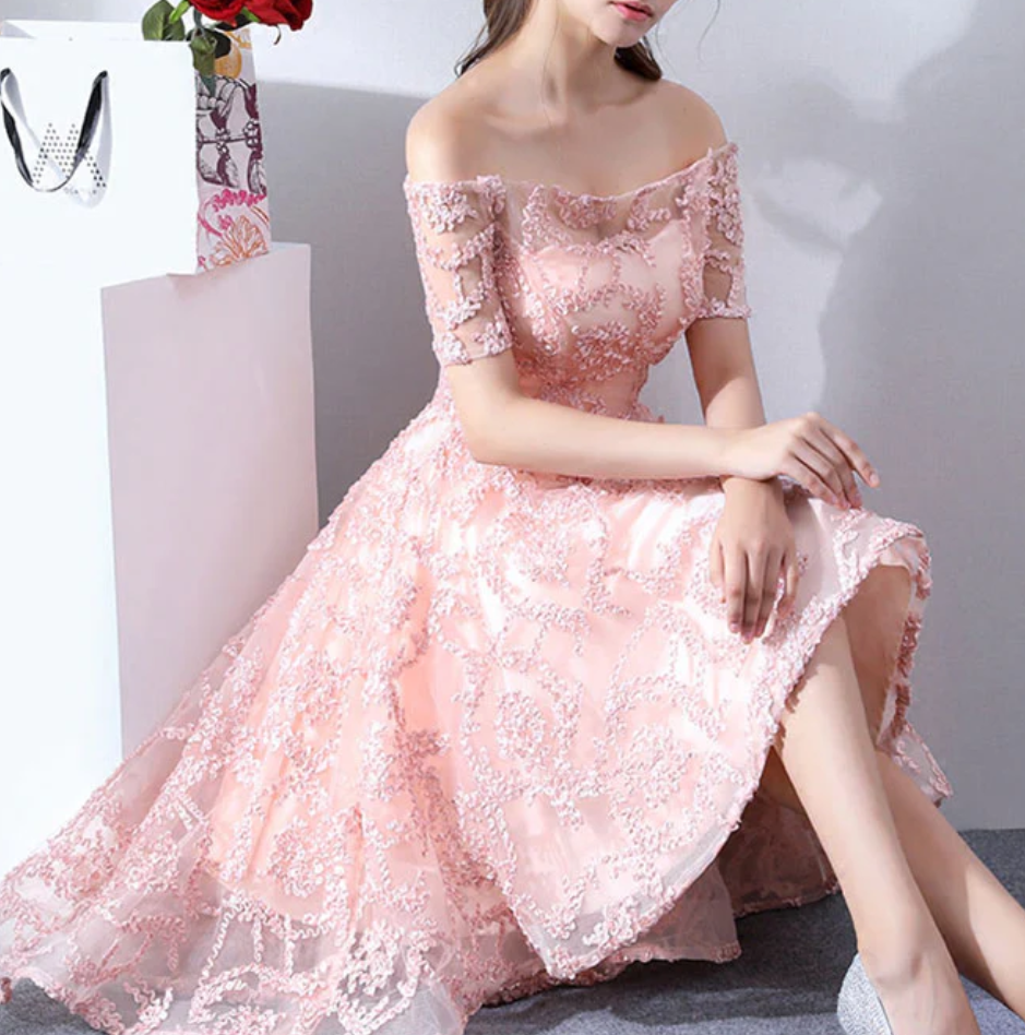 Vintage Pink Applique Off-the-shoulder Design A-line Tulle Party Dress Homecoming Dress D1547