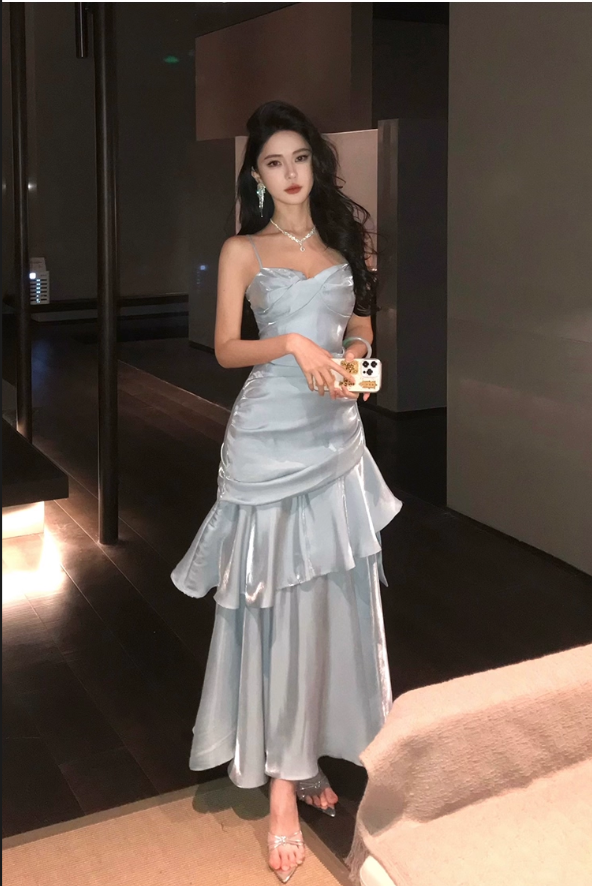 Vintage Blue Sweetheart Spaghetti Strap Mermaid Ruffled Hem Design Sexy Prom Dress Evening Dress D1731