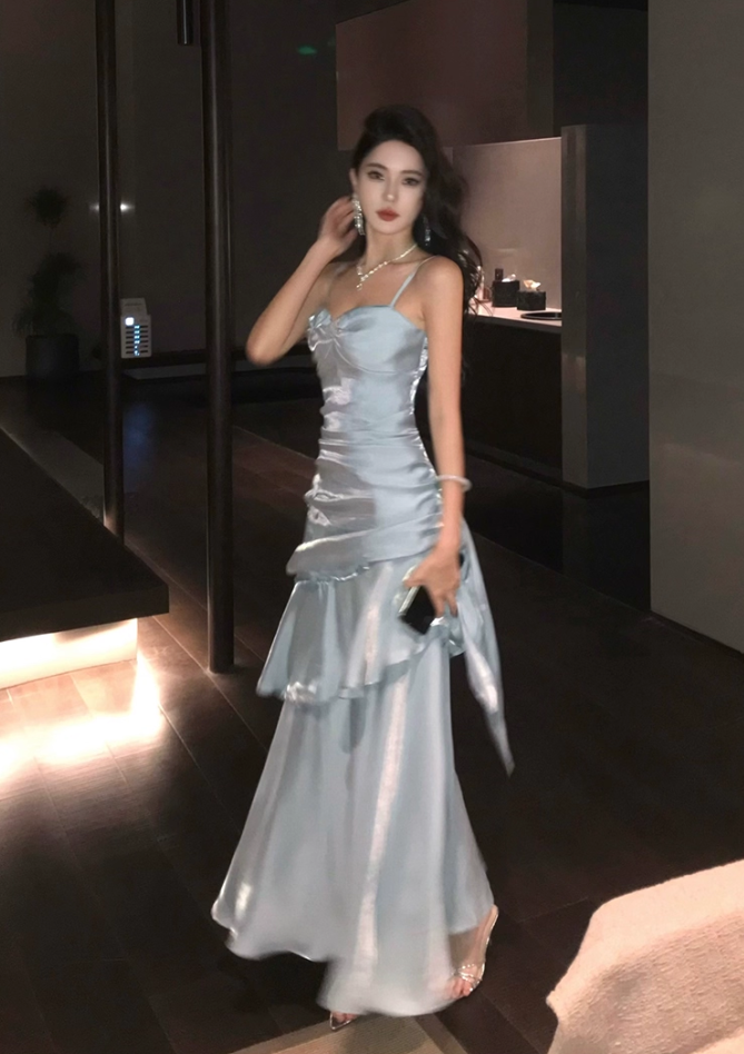 Vintage Blue Sweetheart Spaghetti Strap Mermaid Ruffled Hem Design Sexy Prom Dress Evening Dress D1731