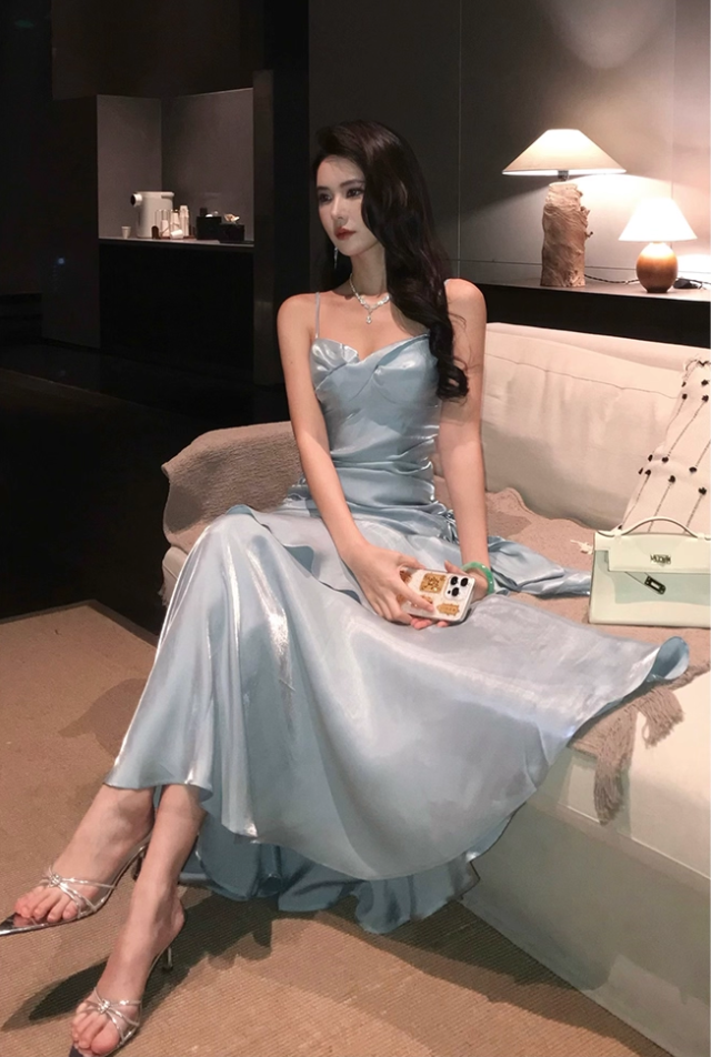 Vintage Blue Sweetheart Spaghetti Strap Mermaid Ruffled Hem Design Sexy Prom Dress Evening Dress D1731