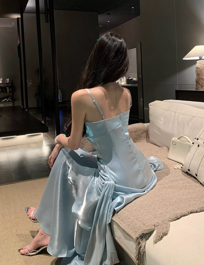 Vintage Blue Sweetheart Spaghetti Strap Mermaid Ruffled Hem Design Sexy Prom Dress Evening Dress D1731
