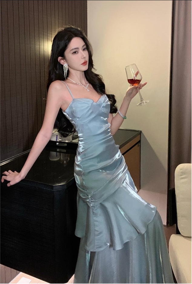 Vintage Blue Sweetheart Spaghetti Strap Mermaid Ruffled Hem Design Sexy Prom Dress Evening Dress D1731