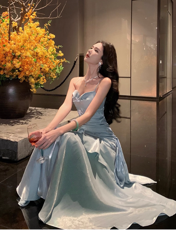 Vintage Blue Sweetheart Spaghetti Strap Mermaid Ruffled Hem Design Sexy Prom Dress Evening Dress D1731