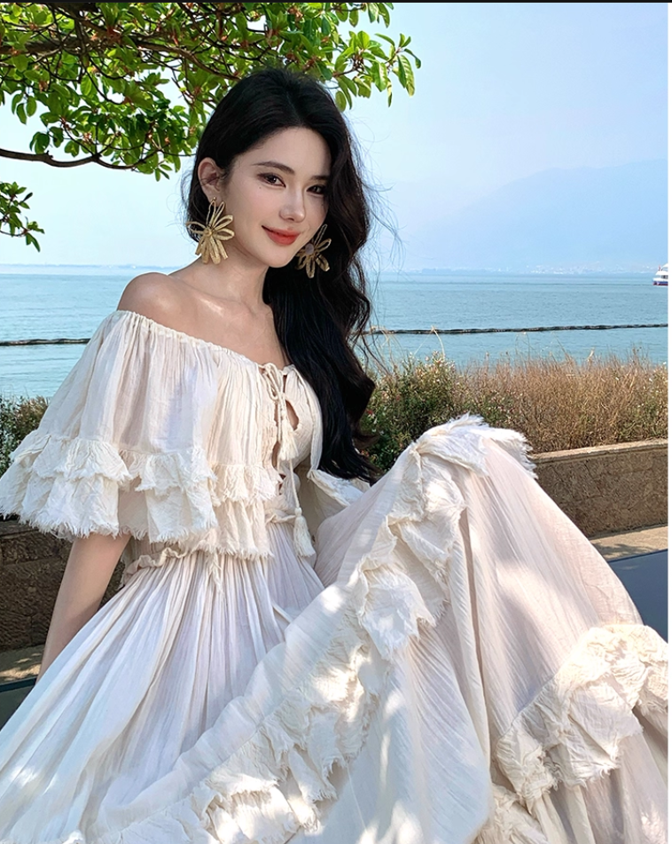 Vintage Ivory Strapless Ruffled Hem Design Elegant Beach Holiday A-Line Summer Dress D1730