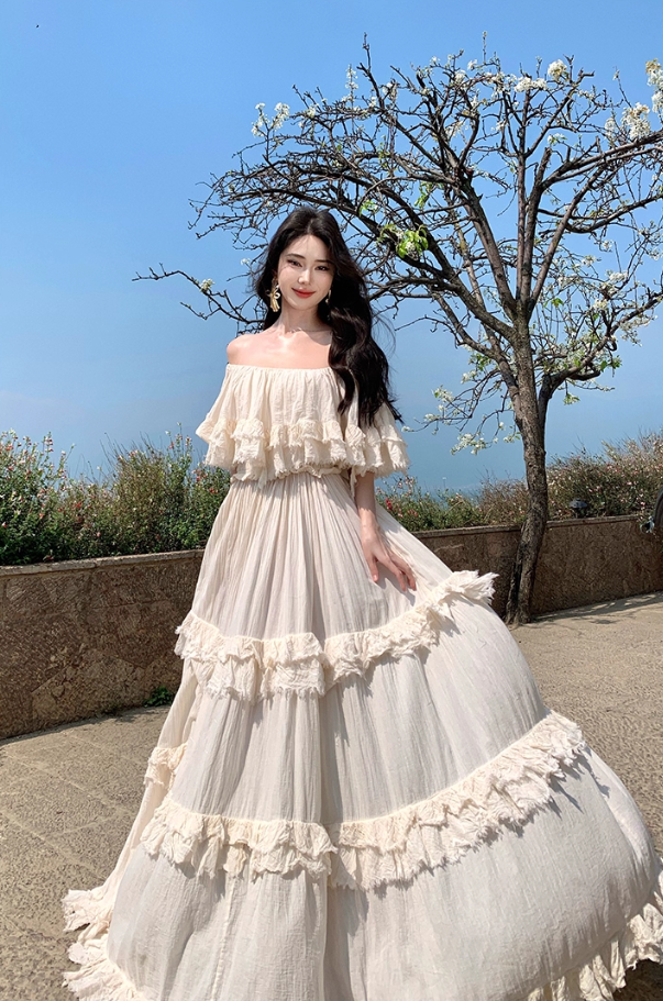 Vintage Ivory Strapless Ruffled Hem Design Elegant Beach Holiday A-Line Summer Dress D1730
