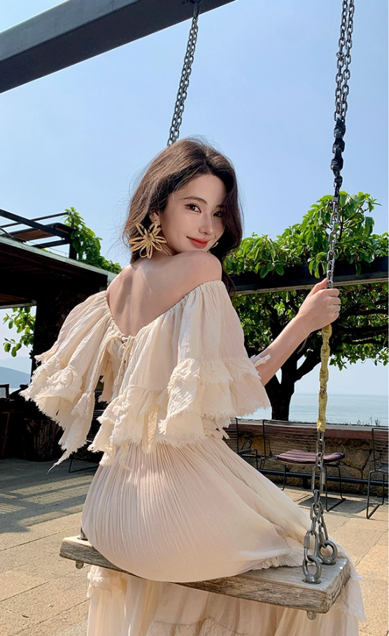 Vintage Ivory Strapless Ruffled Hem Design Elegant Beach Holiday A-Line Summer Dress D1730