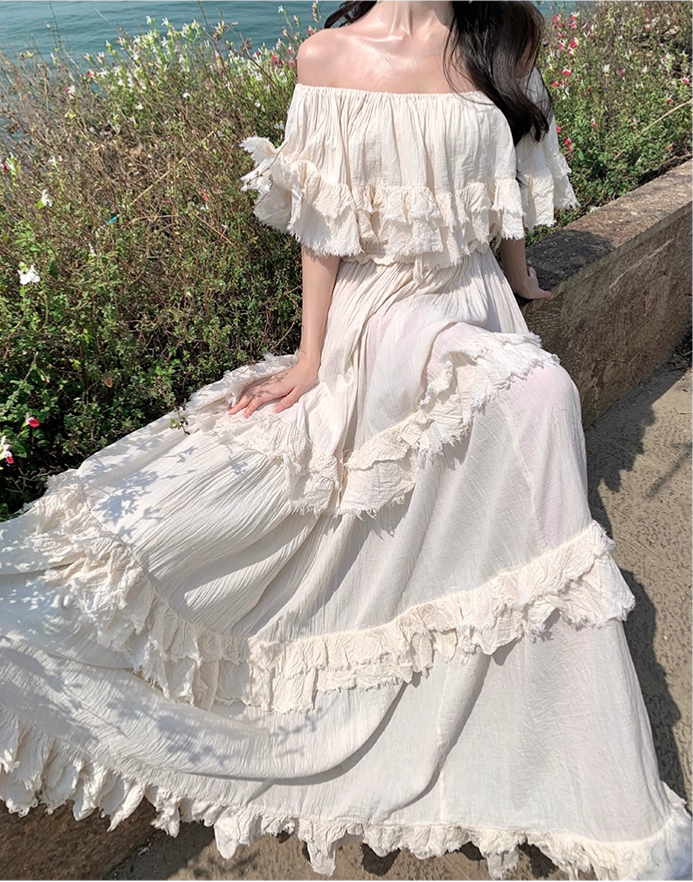 Vintage Ivory Strapless Ruffled Hem Design Elegant Beach Holiday A-Line Summer Dress D1730