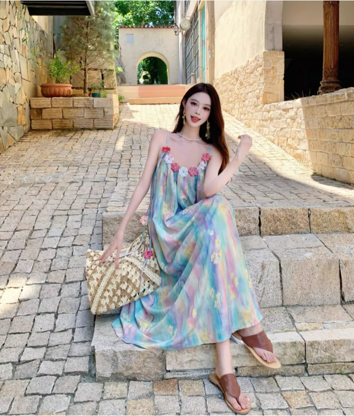 Vintage Floral Spaghetti Strap Design Elegant Beach Holiday Sleeveless Summer Dress D1729