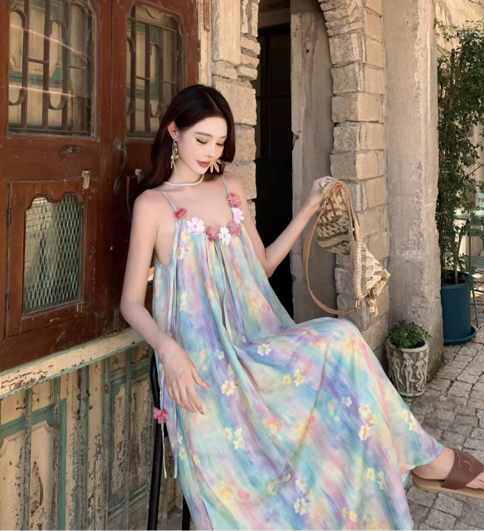 Vintage Floral Spaghetti Strap Design Elegant Beach Holiday Sleeveless Summer Dress D1729