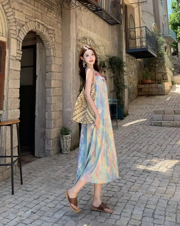 Vintage Floral Spaghetti Strap Design Elegant Beach Holiday Sleeveless Summer Dress D1729