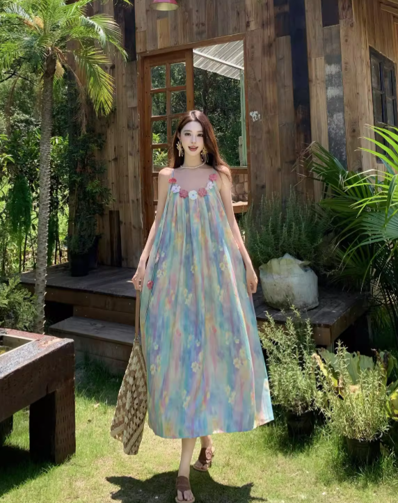 Vintage Floral Spaghetti Strap Design Elegant Beach Holiday Sleeveless Summer Dress D1729