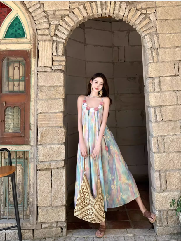 Vintage Floral Spaghetti Strap Design Elegant Beach Holiday Sleeveless Summer Dress D1729