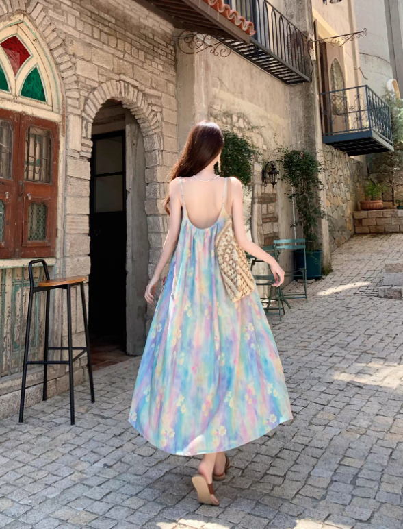 Vintage Floral Spaghetti Strap Design Elegant Beach Holiday Sleeveless Summer Dress D1729