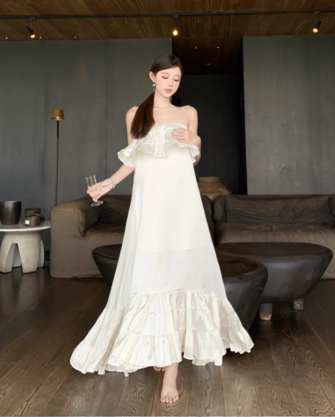 Vintage Ivory Strapless Ruffled Hem Design Elegant Beach Holiday A-Line Sleeveless Summer Dress D1728